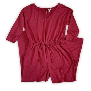 Live Well Burgundy Knit Jumpsuit Medium | Drawstring Waist Wide Leg Pockets